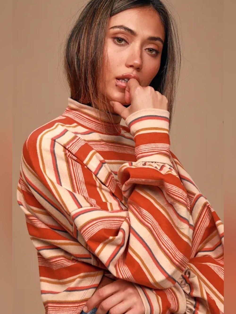 Free People | 'Steph' Coral Red Multi Striped Long Sleeve Tee, Size S - Picture 3 of 9